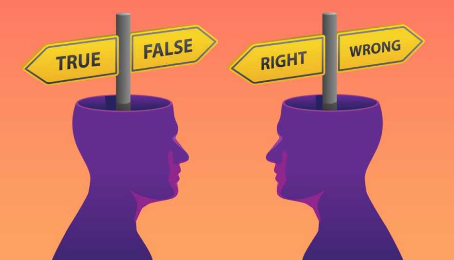 Ilustración con dos cabezas con signos que dicen verdadero o falso y correcto o incorrecto.