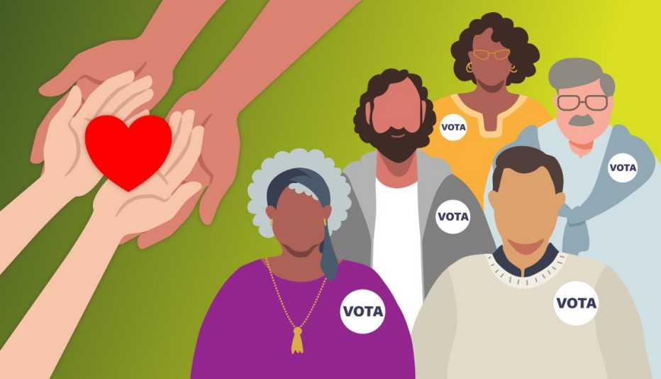 Ilustración de personas identificados como votantes con unas manos cuidando un corazón.