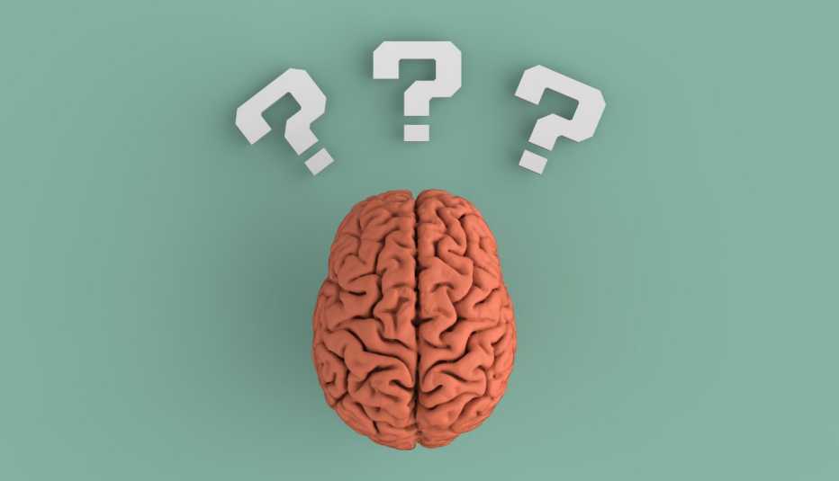 Gráfico de un cerebro y tres signos de interrogación sobre un fondo verde
