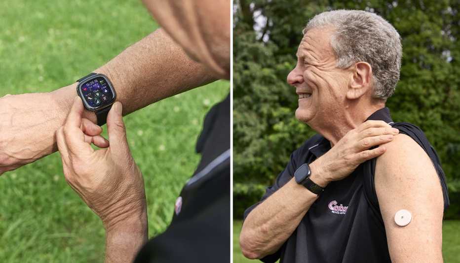 Dos imágenes de Andy Pincus que muestran su dispositivo de monitorización continua de glucosa en su brazo y la lectura correspondiente en su pulsera de actividad física