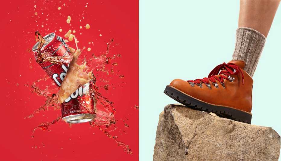 Imagen dividida: Lata de soda explotando y un pie con botas sobre una roca