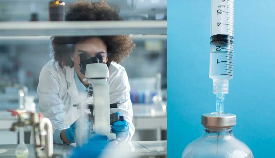 Una científica mirando a través de un microscopio y una jeringa inyectada en un vial