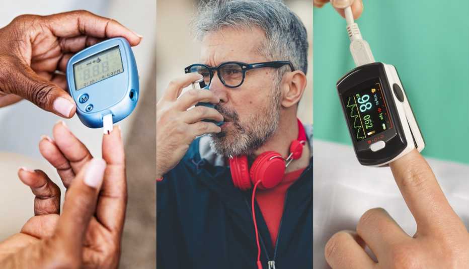 Tres fotos que muestras tres condiciones; diabetes, asma y bajos niveles de oxígeno