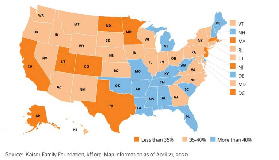 Mapa de Estados Unidos mostrando los estados donde las personas mayores tienen más riesgo de contagio de la Covid-19.