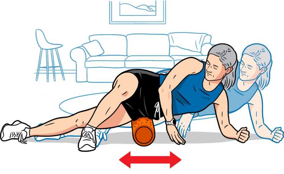 Dibujo que muestra una mujer usando un rodillo de espuma para masajear sus caderas
