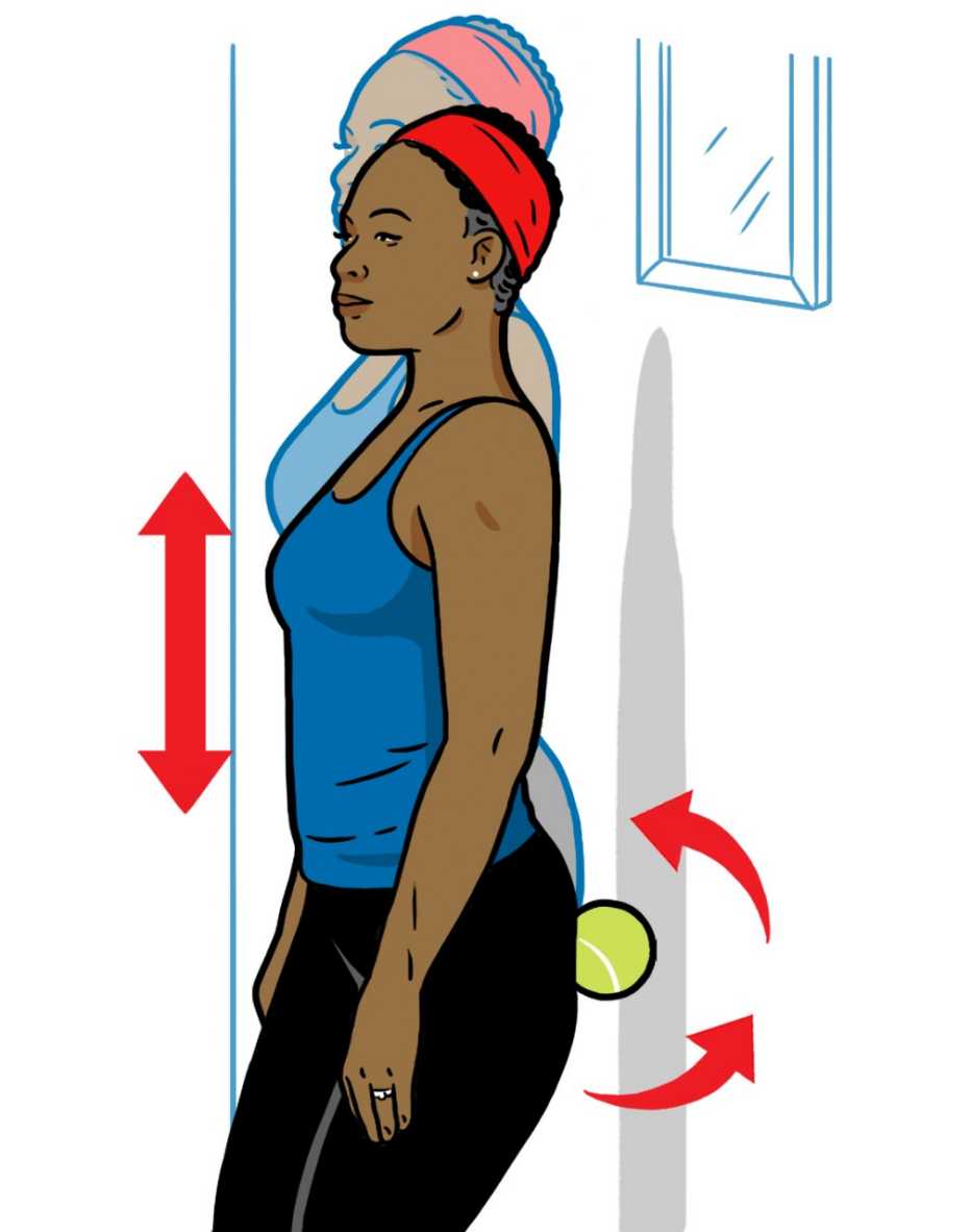 Dibujo muestra una mujer usando una bola de tenis para aliviar el dolor de caderas
