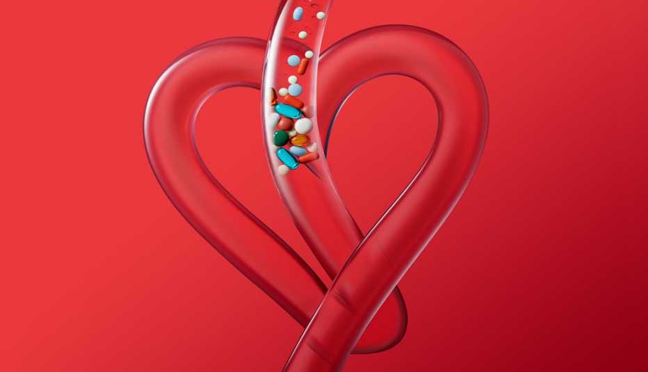 Ilustración de un tubo en forma de corazón y varios medicamentos bajan por el