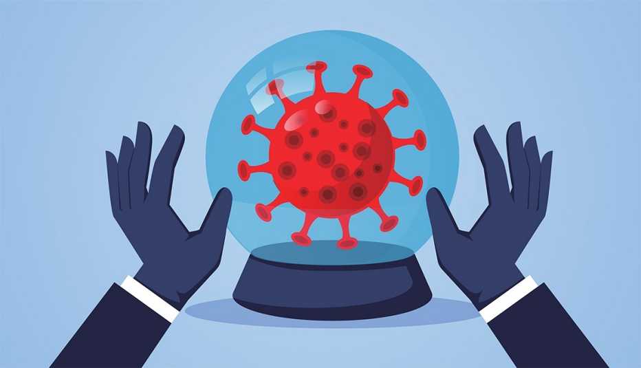 Ilustración del coronavirus en una bola de cristal y unas manos como prediciendo el futuro