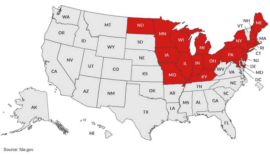Mapa de los Estados Unidos con las zonas afectadas por contaminación de listeria en ensaladas envasadas.