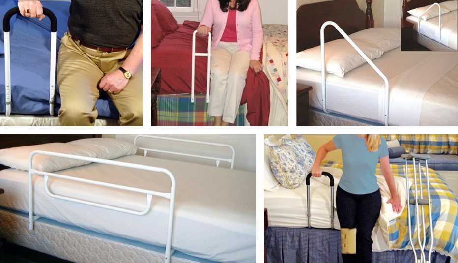 Varias fotos que muestran barandillas de cama