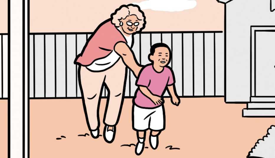 Ilustración de una abuela corriendo tras su nieto