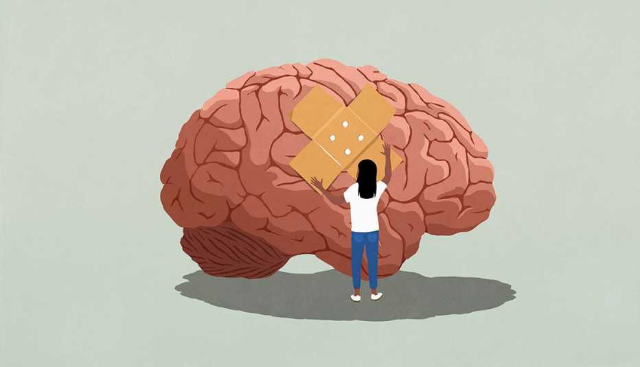 Ilustración de una mujer poniendo una venda adhesiva en un cerebro