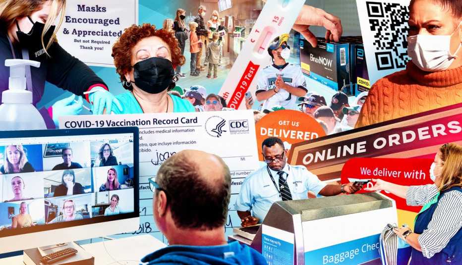 Montaje de varias fotos típicas durante la pandemia; personas con mascarillas, letreros con restricciones, personal médico, vacunas y tarjeta de vacunas