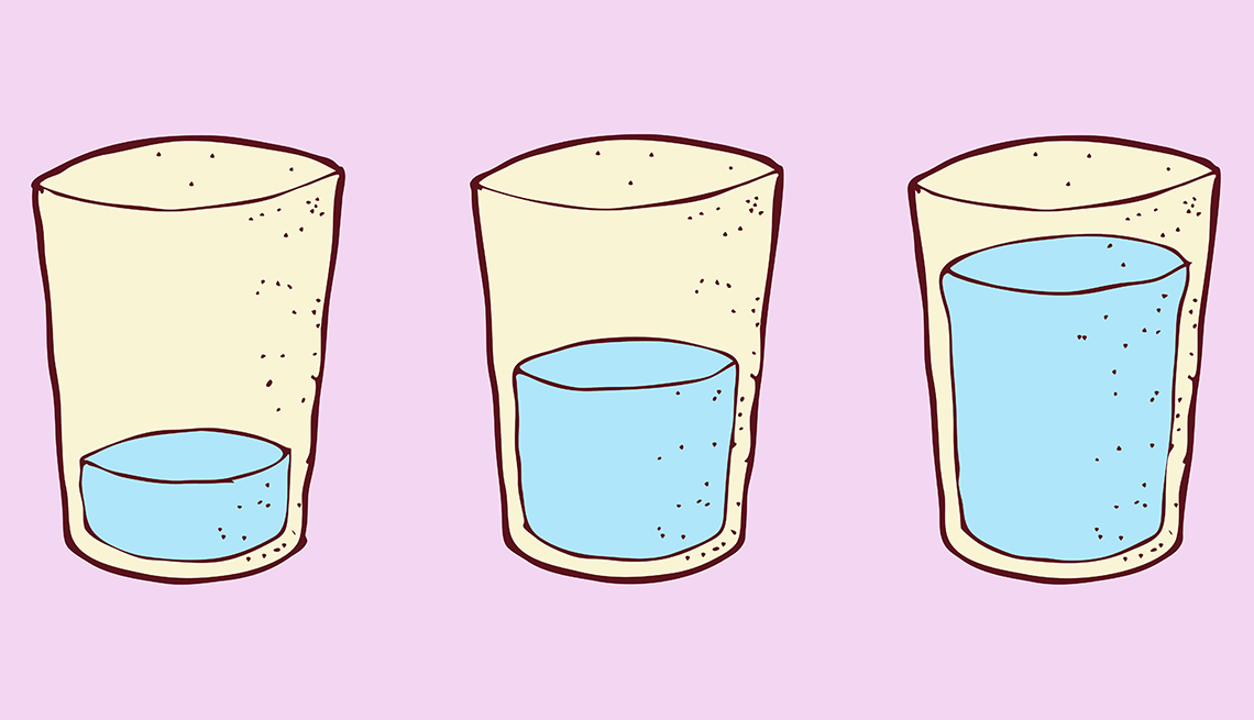 Ilustración de tres vasos con agua, uno medio vacío, uno a la mitad y otro lleno