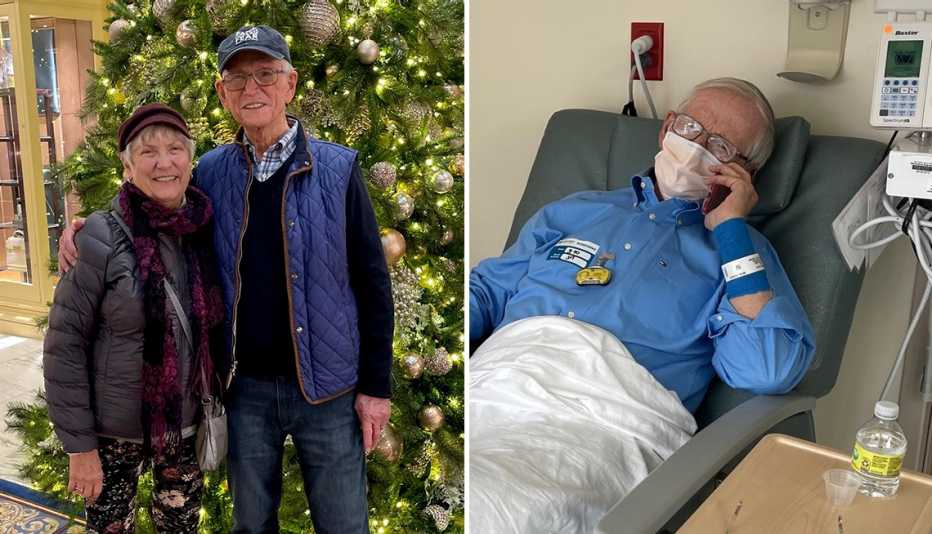 Jim Furneaux, de 79 años, participa en un ensayo clínico que prueba una vacuna personalizada contra el cáncer para combatir el melanoma. En la foto con su esposa Carol (izquierda) y en el hospital para recibir una infusión (derecha).