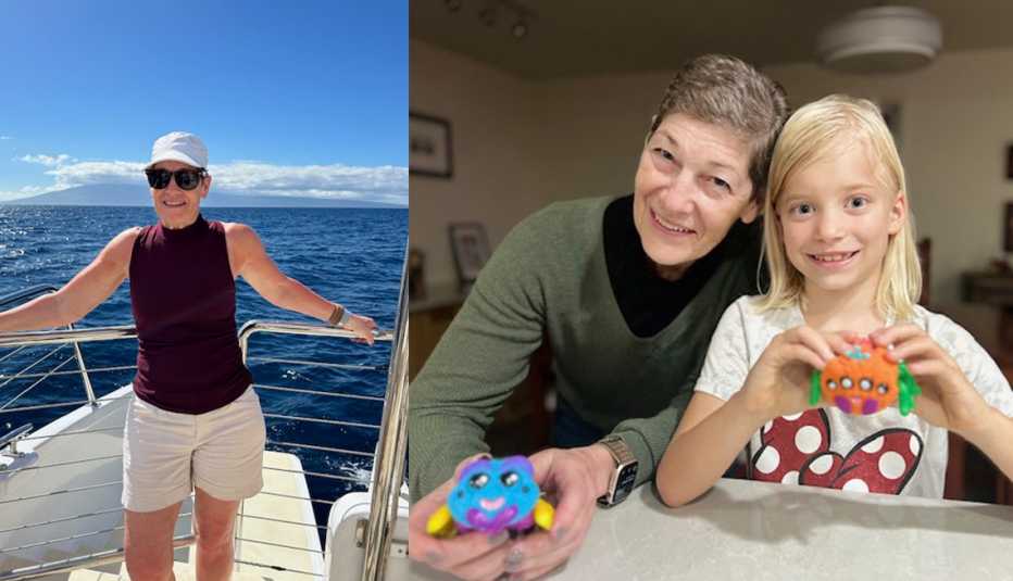 A un lado Cathie Baker en un bote en Hawaiiy al otro lado con su nieta Hazel.