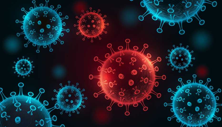 Ilustración de varias partículas de virus en color azul y rojo