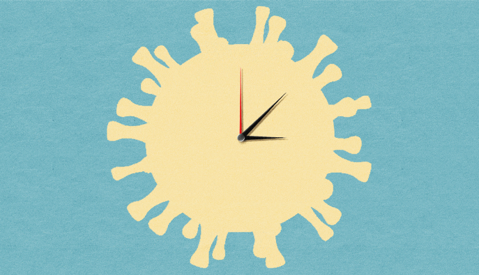 Una ilustración de un virus COVID con un reloj dentro.