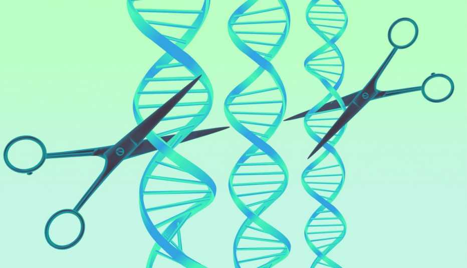 Ilustración de hélices de ADN con unas tijeras.
