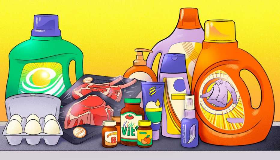 Ilustración con productos del hogar como detergentes y alimentos