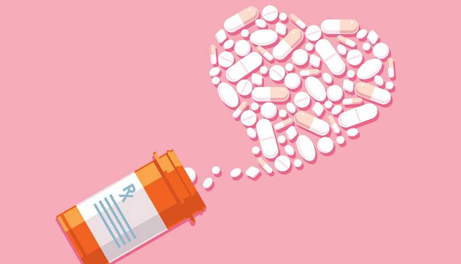 Ilustración de un frasco de medicamentos que se derrama y las píldoras forman un corazón