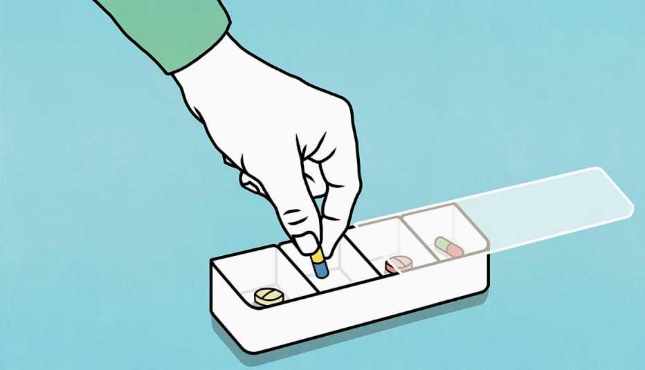 Ilustración de una mano colocando unas pastillas en un organizador de medicamentos