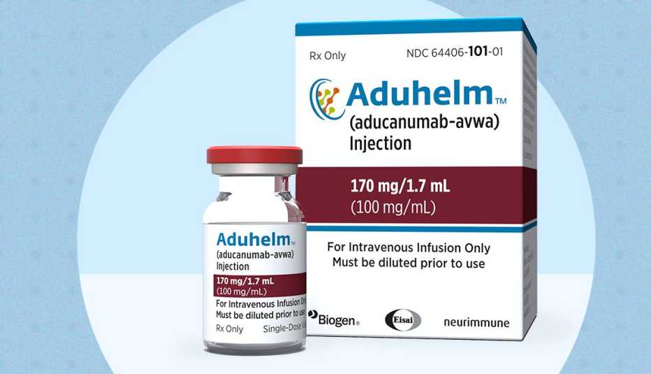 Empaque del medicamento Aduhelm.