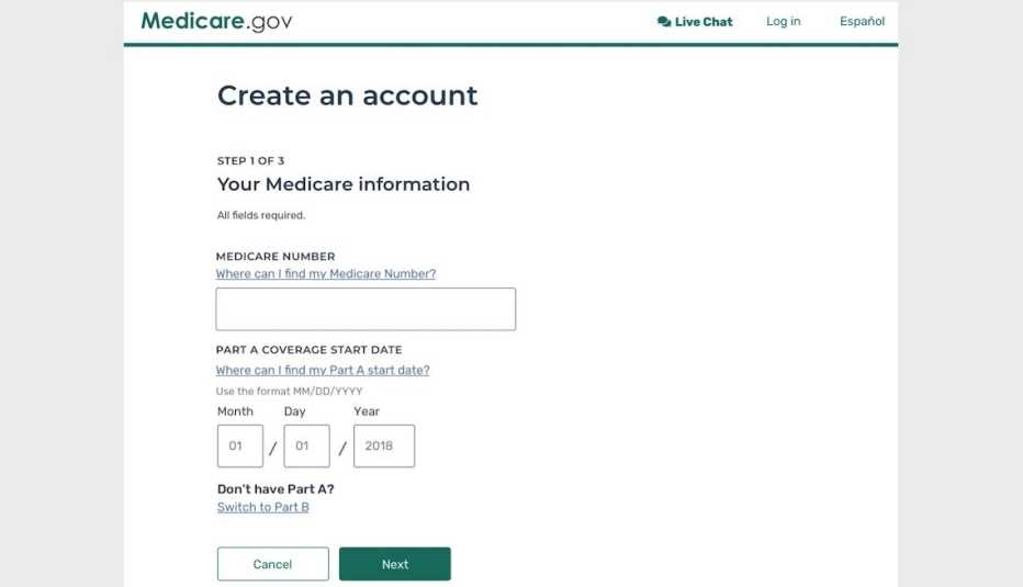 pantallazo de inscripción en Medicare sobre cómo abrir una cuenta en línea pág. 1