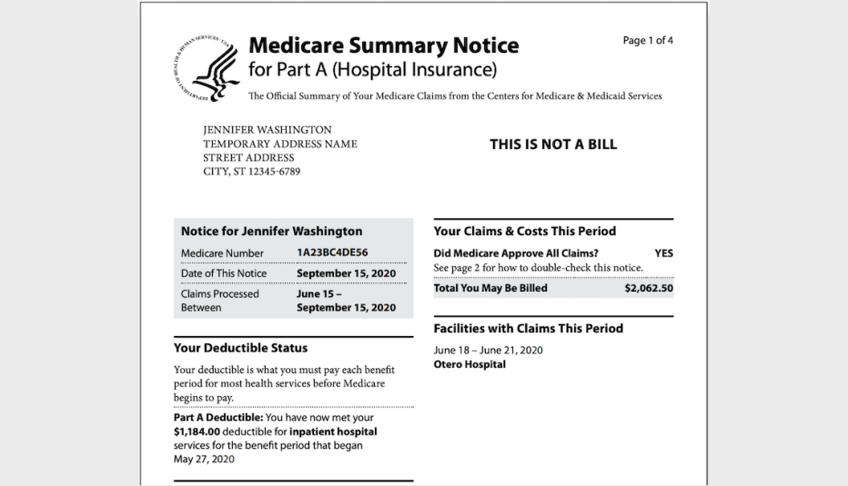 captura de pantalla Medicare Summary Notice para Parte A