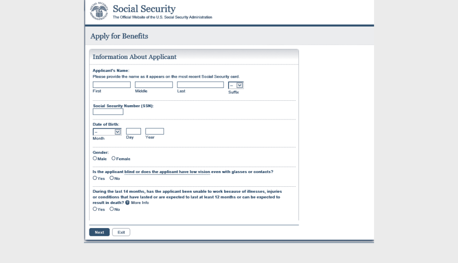 screenshot of the social security administrations medicare application website information page where the user puts in their name, social security number and date of birth