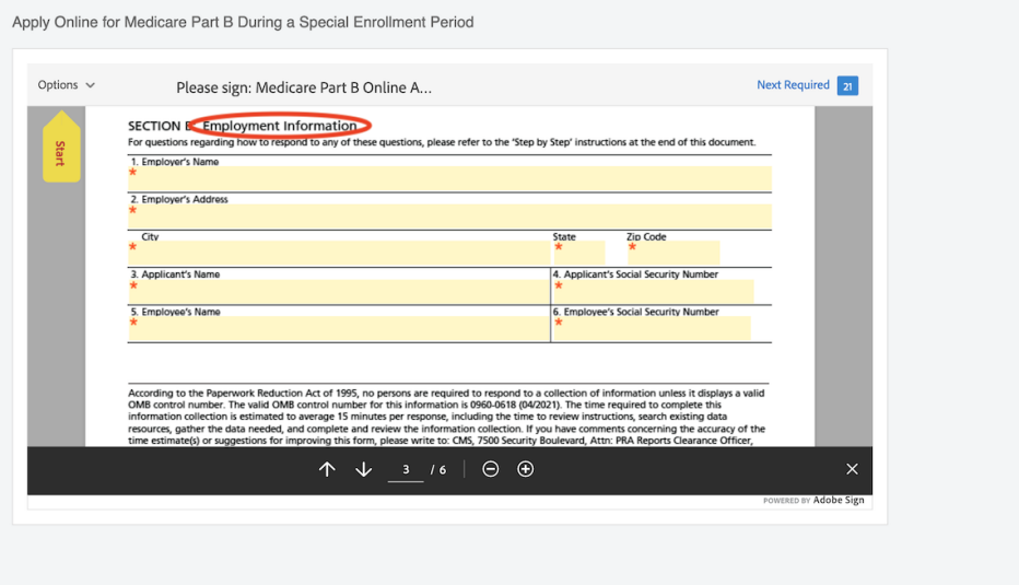 a screenshot of section B of the medicare part b online application with the section “employment information” circled in red