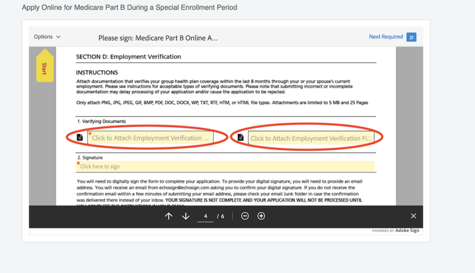 a screenshot of section D of the medicare part b online application with the two section click to attach employment verification fields circled in red