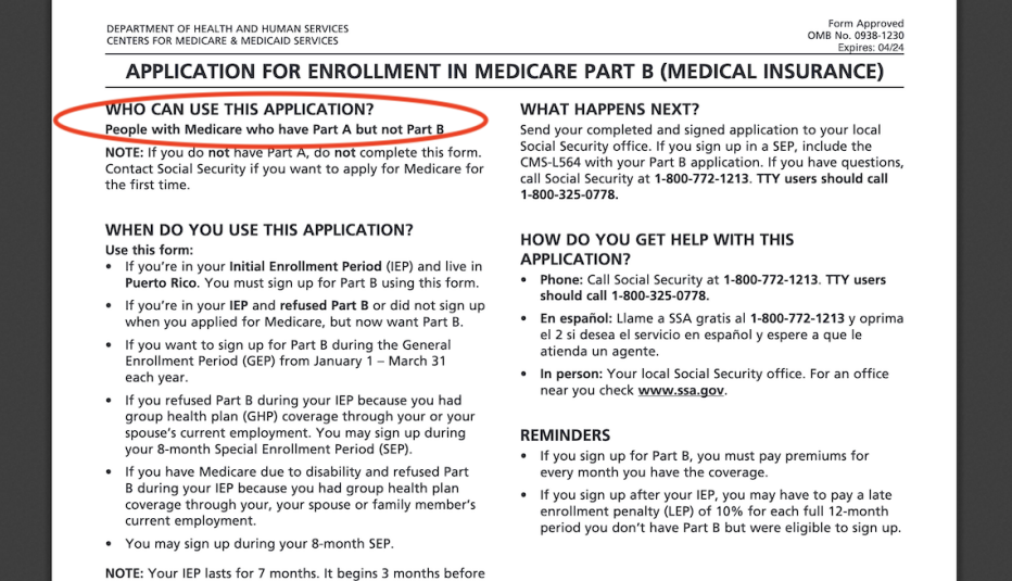 a screenshot of the application for enrollment in medicare part B with "who can use this application" title circled