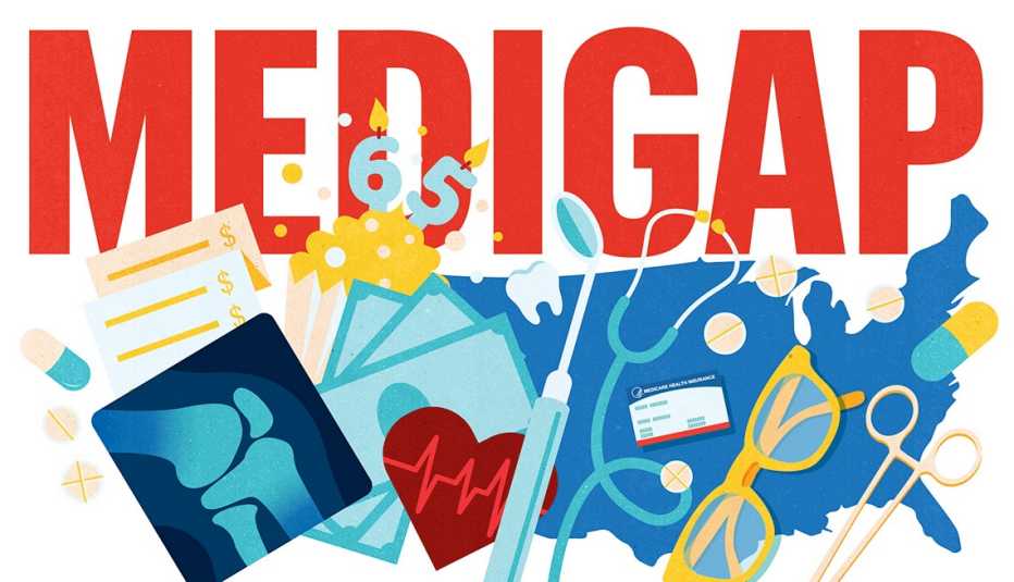 Ilustración que dice Medigap y varios íconos de salud en representación de los servicios cubiertos