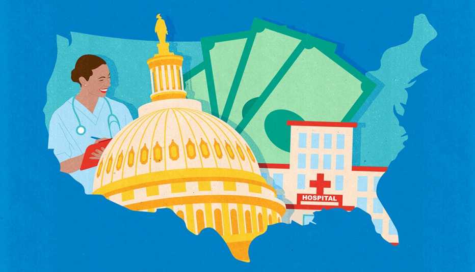 Mapa de Estados Unidos que contiene la cúpula del Capitolio, un médico, un hospital y dinero