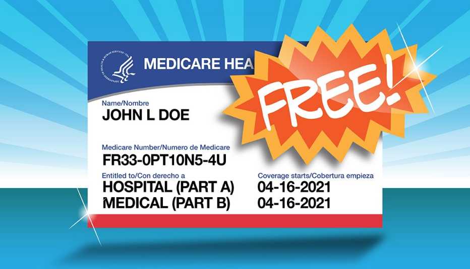 Ilustración de una tarjeta de Medicare y un sello sobrepuesto que dice gratis en inglés