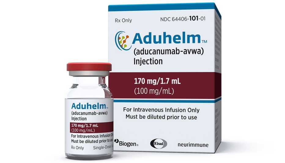 Empaque y vial del medicamento Aducanumab contra el Alzheimer