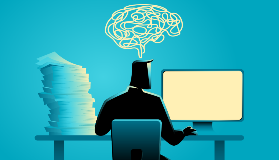 Ilustración de un hombre navegando la web y una pila de papeles al lado de su computadora