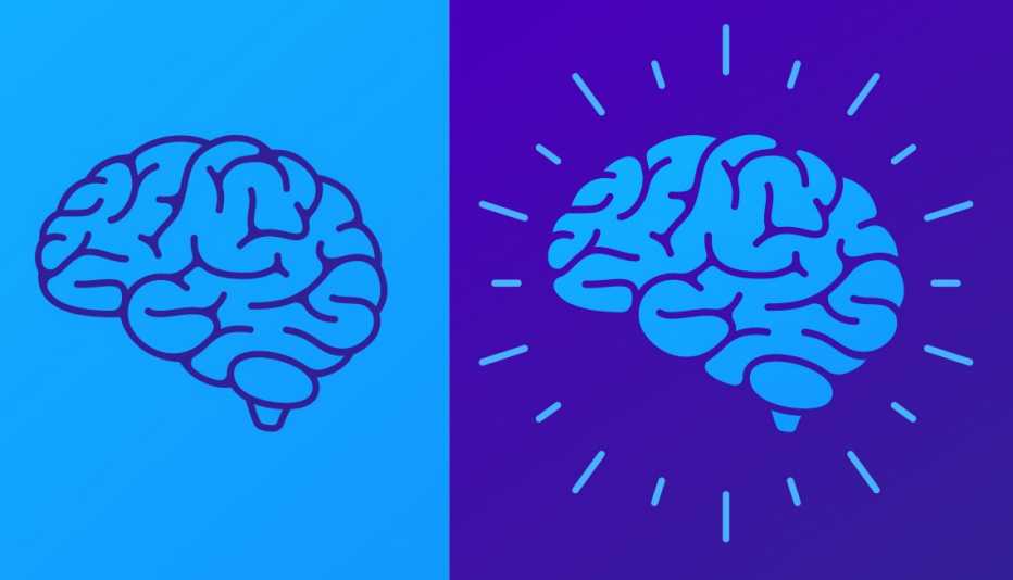 Ilustración dividida a la mitad donde se muestran dos cerebros en color azul sobre un fondo azul
