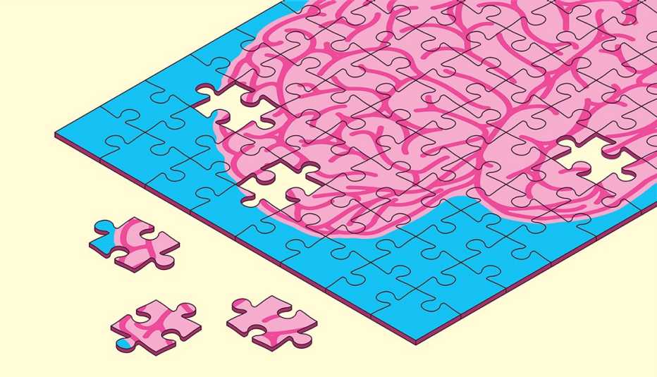 Ilustración de un rompecabezas de un cerebro color rosa y azul al que le faltan piezas