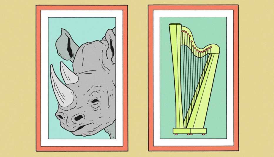 Ilustración de dos cuadros, uno tiene un rinoceronte y el otro un arpa