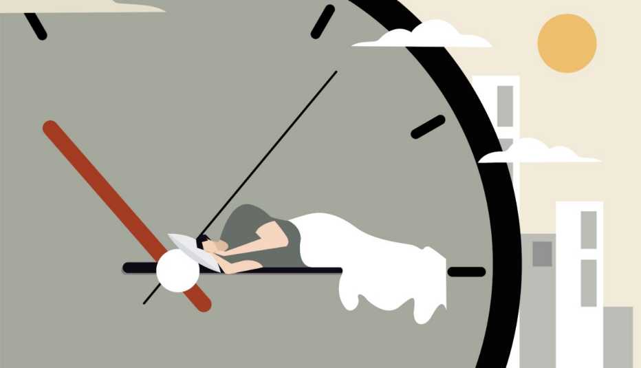 Ilustración de una persona que duerme en las manecillas de un reloj