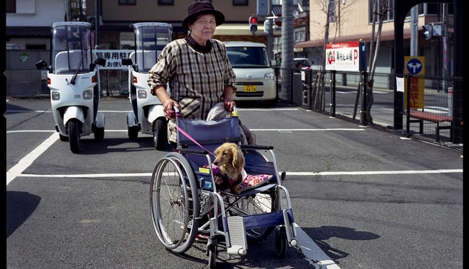 Mujer empujando una silla de ruedas con un perrito