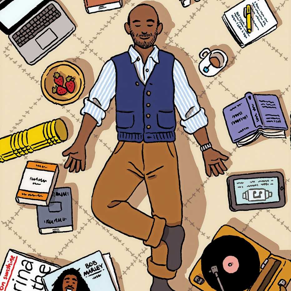 Dibujo de un hombre acostado en el piso rodeado de libros, álbumes de musica, café y frutas