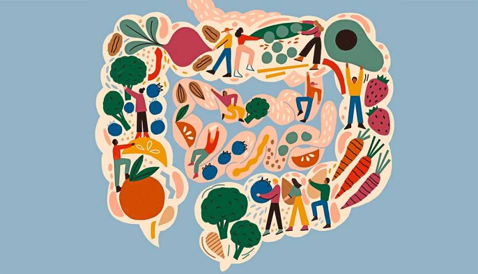  Ilustración de una vista interior del intestino sano lleno de verduras y frutas