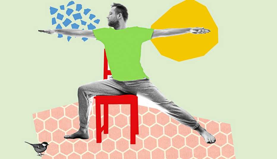 Ilustración de un hombre practicando yoga en una silla