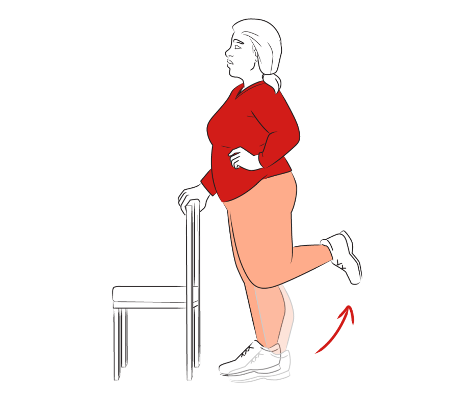 Ilustración de una mujer que usa una silla para ejercitar sus piernas