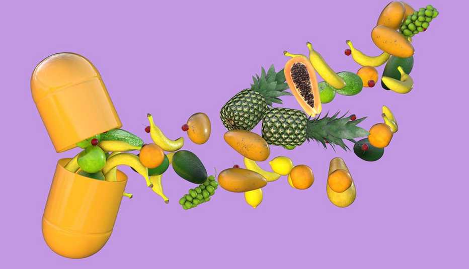 Ilustración de una cápsula que se abre y salen frutas de adentro