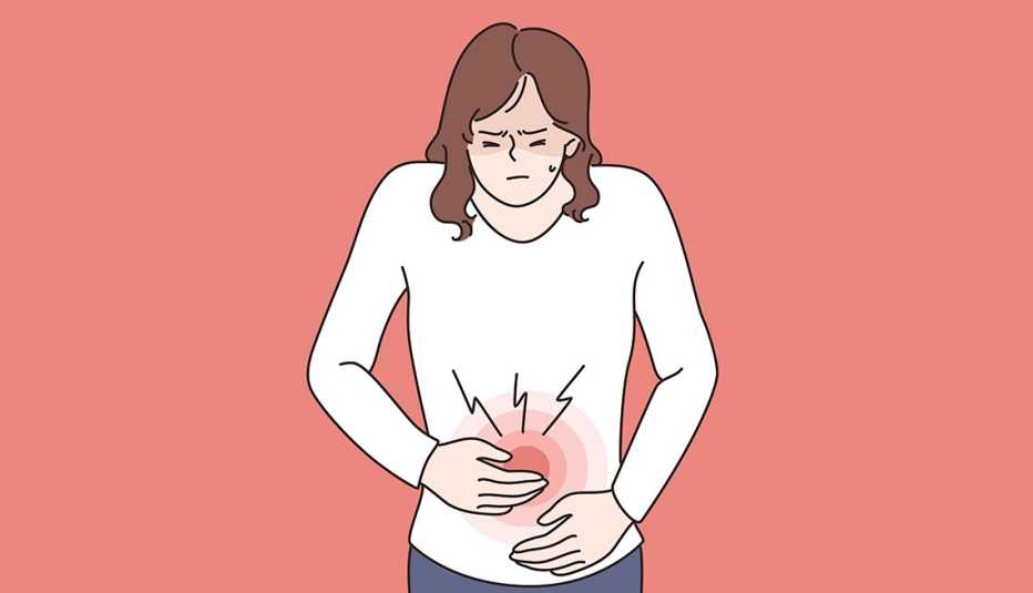 Ilustración de una mujer con las manos en su abdomen en señal de dolor