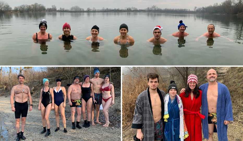 Karen Sulek junto a familiares y amigos nadando en aguas frías. El grupo usa botines y gorros en invierno y luego se pone batas para calentarse.